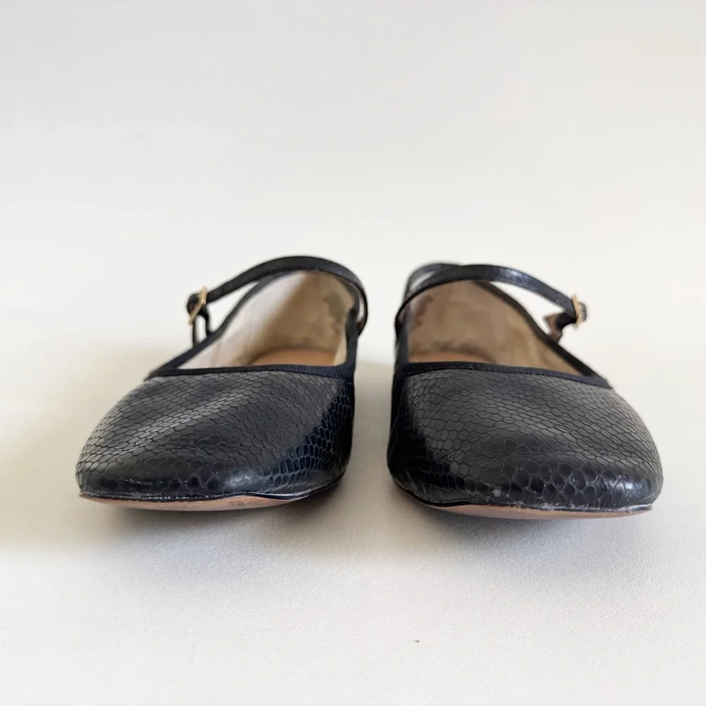 J. Crew Quinn Square Toe Mary Jane Flat Shoe 10 Black Snake Embossed Classic - Picture 5 of 10